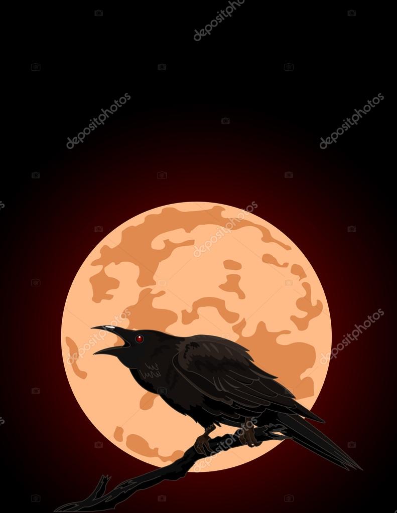 Vector illustration of Halloween Crow against a full moon