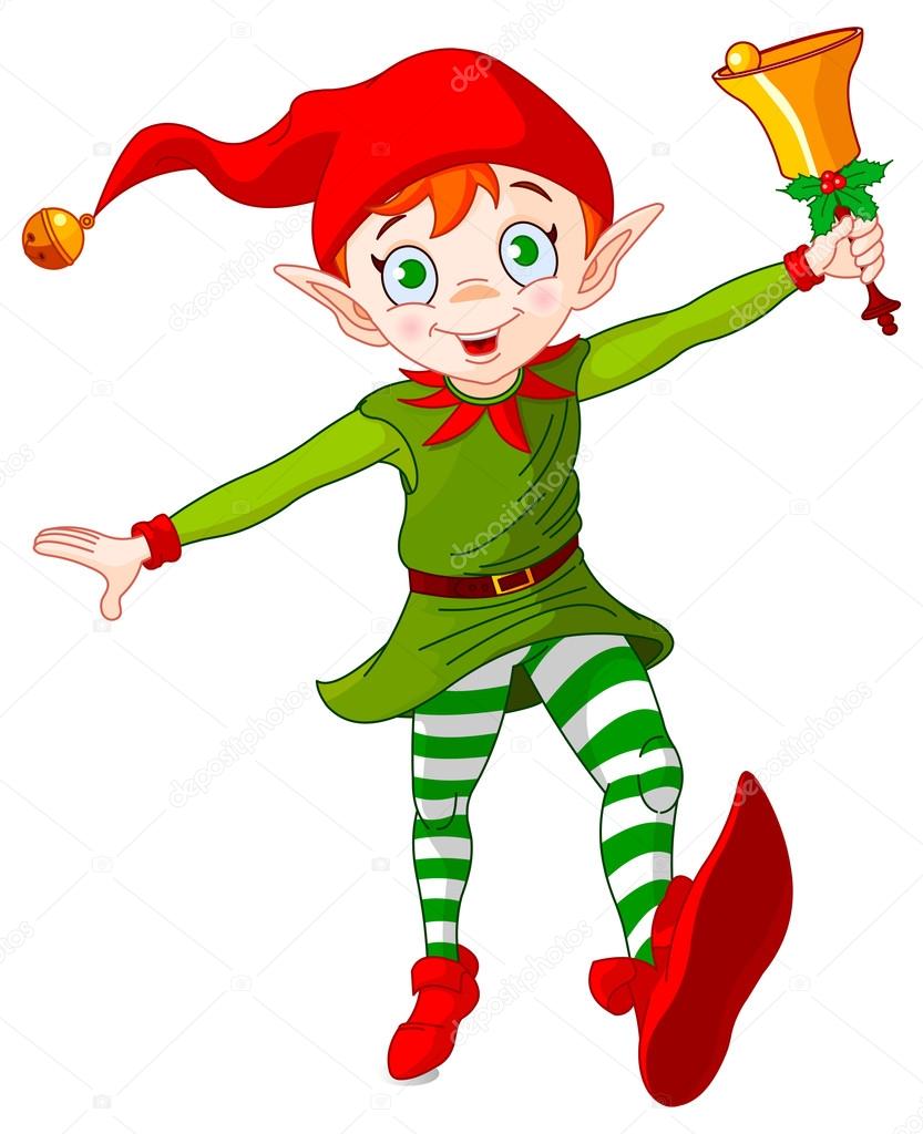 Christmas elf ringing in a bell on white background