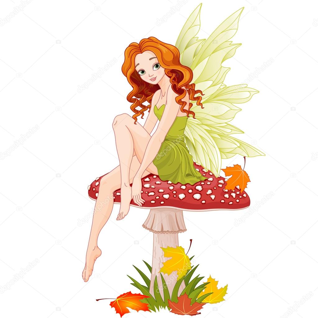 Vector illustration of cute fairy sits on fly agaric