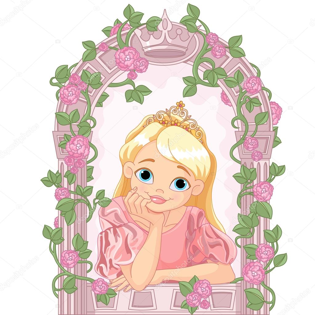 Vector illustration of beautiful princess looking through a window
