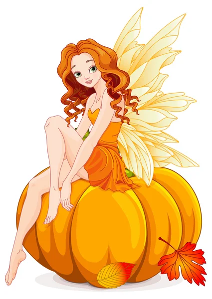 Fairy sits on pumpkin — Stock Vector