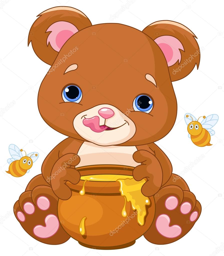 Vector illustration of cute bear preparing to eat honey