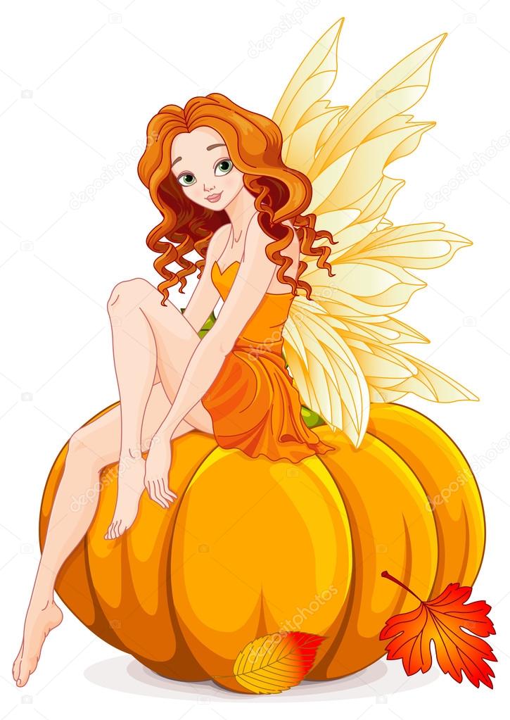 Vector illustration of cute fairy sits on pumpkin