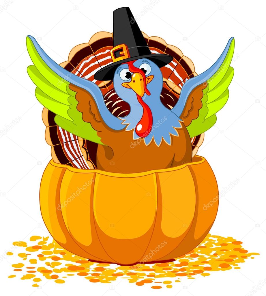 Llustration of cute Pilgrim turkey into pumpkin