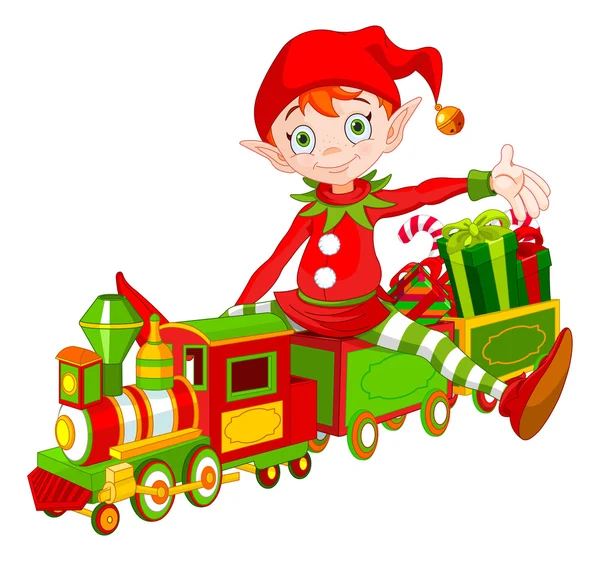 Elf sits on toy train — Stock Vector