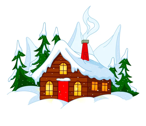 Little house on snow hills. — Stock Vector