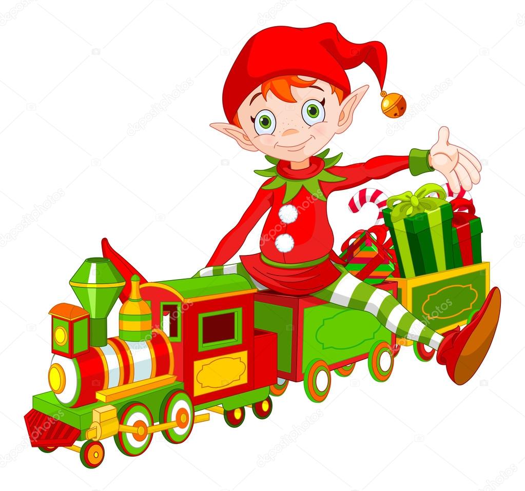 Illustration of cute Christmas elf sits on toy train