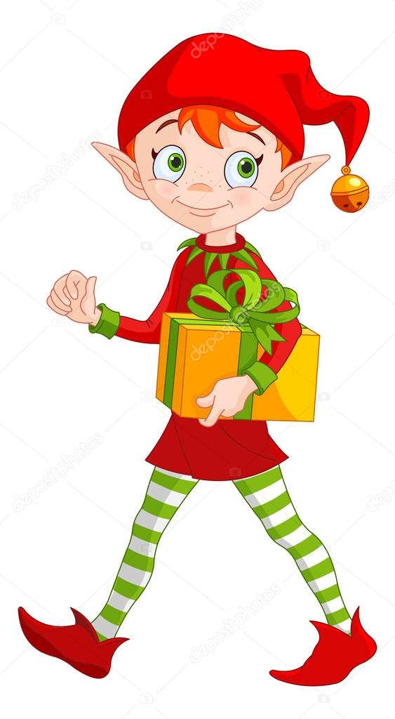 Illustration of cute Christmas elf holds gift