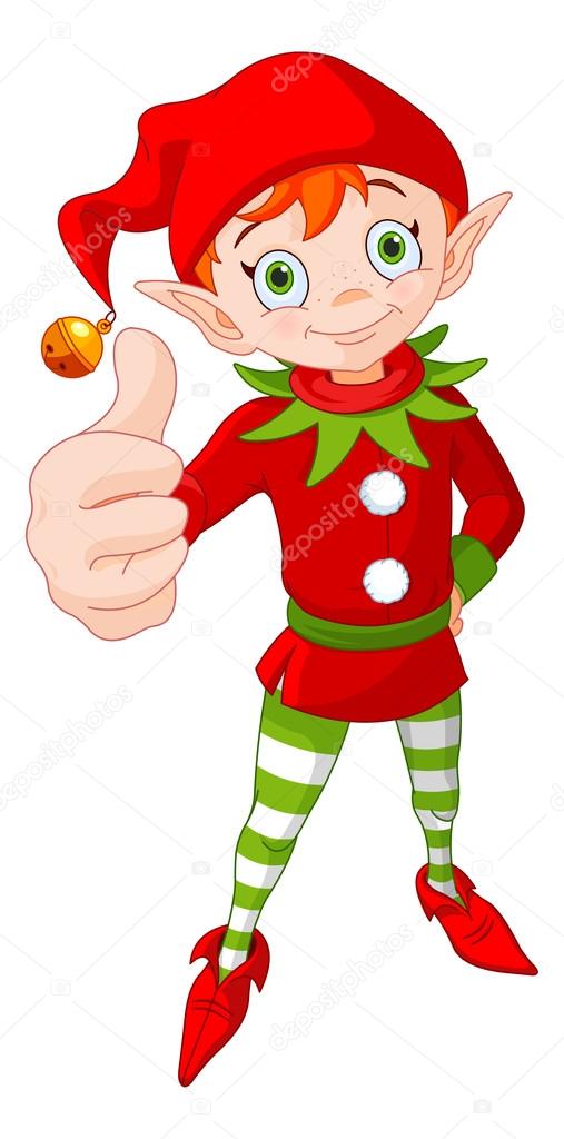 Illustration of cute Christmas elf doing a thumb up and smiling