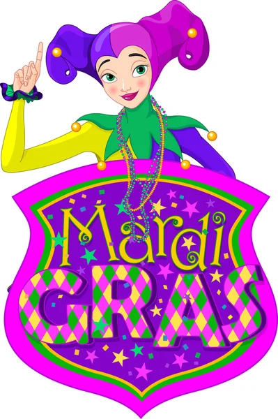 Señorita Mardi Gras sostiene el cartel — Vector de stock