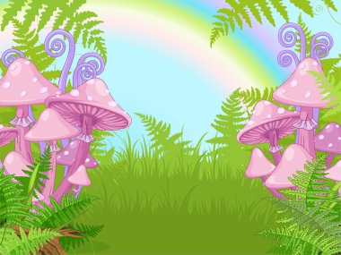 Landscape with mushrooms, fern, rainbow vector