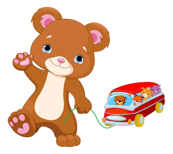 Urso de pelúcia joga ônibus de brinquedo — Vetor de Stock