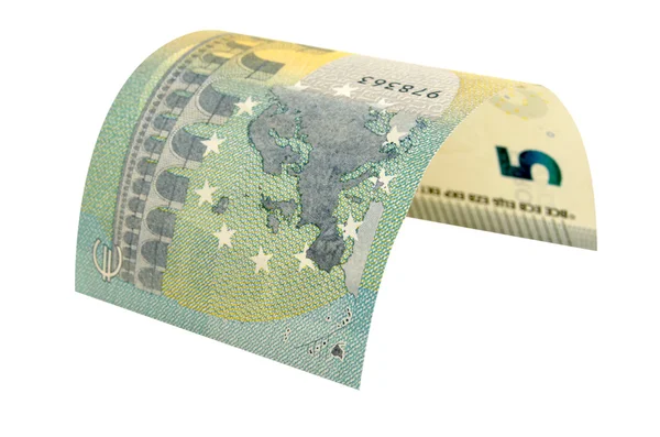 Nota de cinco euros isolada sobre fundo branco . — Fotografia de Stock