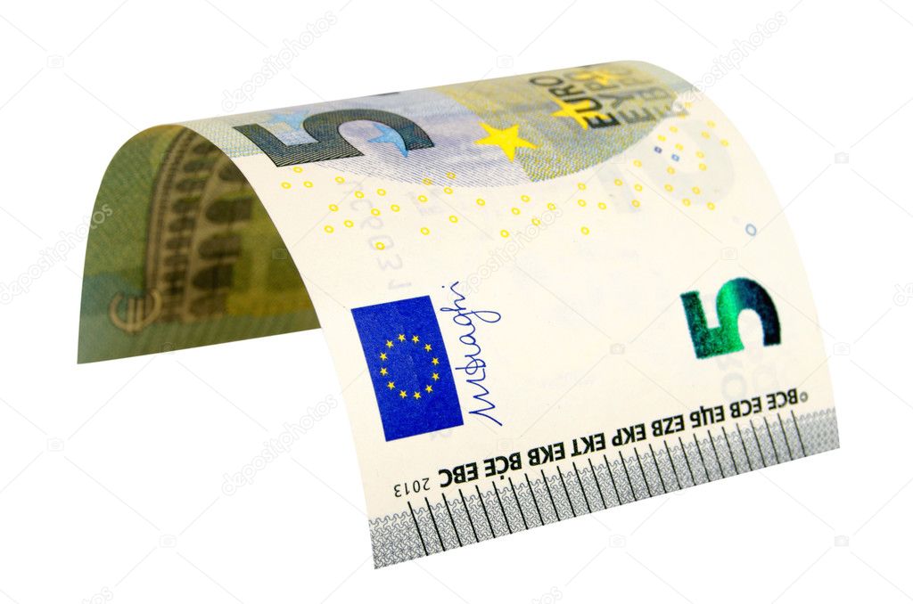 Billete de cinco euros sobre un fondo blanco Fotografía de stock