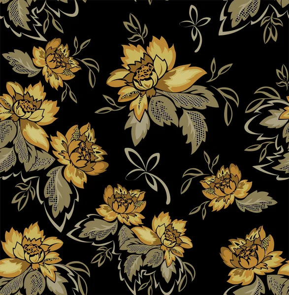 Naadloze zwarte achtergrond met gele bloemen — Stockvector