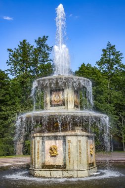 PETERHof, SaINT-PETERSBURG, RUSSIA - 22 Temmuz 2016: Peterhof, St. Petersburg parkında iki katmanlı mermer çeşme