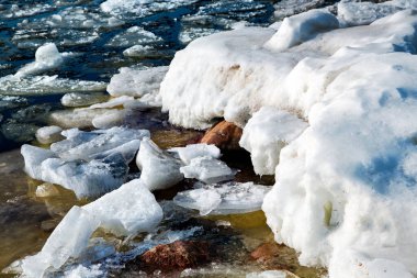 Letonya 'da kış mevsiminde Baltık Denizi' nin kayalık kıyıları buzla kaplıydı. Beyaz kar, deniz kenarındaki toprakları buz kaplıyor..