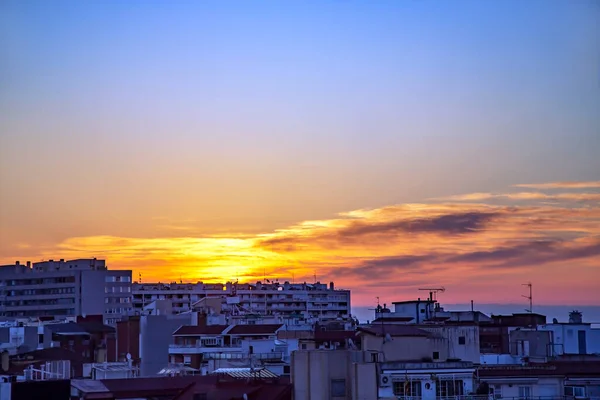 Luftaufnahme Des Wunderschönen Sonnenaufgangs Über Der Stadt Barcelona Spanien Bunter — Stockfoto