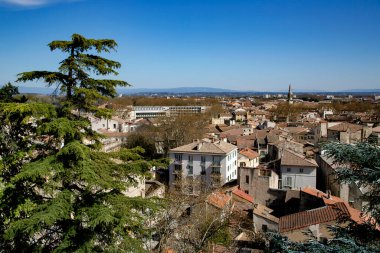 Fransa 'nın güneyindeki eski Avignon şehrinin Rhone nehrinin kıyısındaki panoramik manzarası. Provence, Fransa