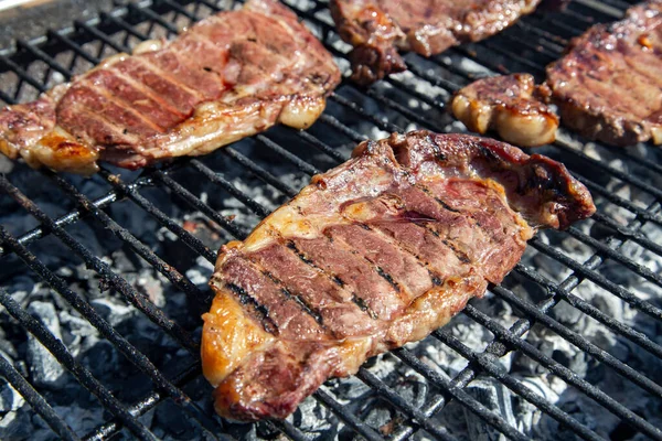 Fresh Beef Steaks Being Fried Prepared Grill Bbq Pepper Spices — Stock Photo, Image