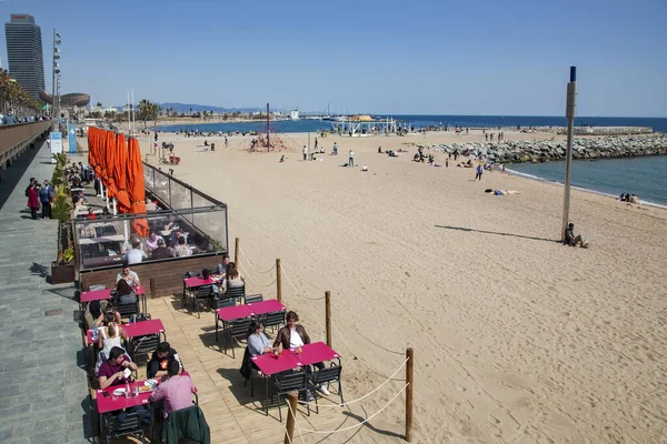 Spain Barcelona March 2021 People Dine Open Verandas Cafes Restaurants — Stock Photo, Image
