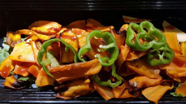 Grilled Pumpkin Slices Decorated Green Bell Pepper Rings Close Healthy — Stock Photo, Image