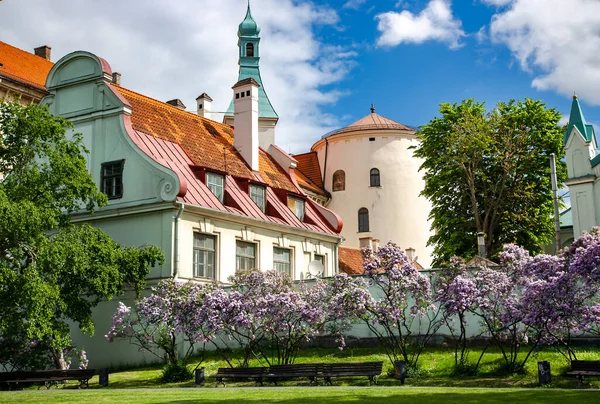 Ancienne Architecture Gothique Dans Bel Aménagement Paysager Vieille Ville Riga — Photo
