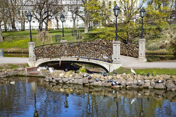爱情挂锁作为永恒爱情和婚姻的象征固定在里加市中心堡垒公园桥上的金属栏杆上 — 图库照片
