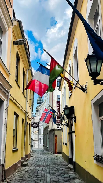 Latvia Riga July 2021 Flags European States Narrow Streets Riga — Foto Stock