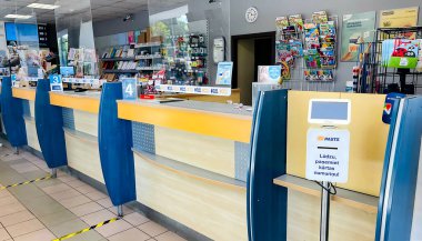 LATVIA, RIGA, JULY, 2021 -  Interiors of Post Office with protective screens in Riga, Latvia