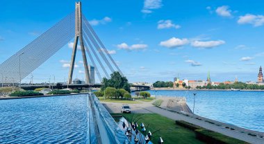 LATVIA, RIGA, JULY, 2021 - The Vansu Bridge in Riga is a cable-stayed bridge that crosses the Daugava river in Riga, Latvia