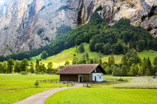Forntida Trähus Bergen Igenvuxet Med Skog Bernese Oberland Schweiz Typisk — Stockfoto