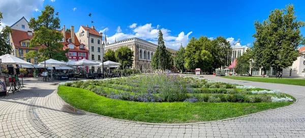 Ókori Gótikus Építészet Gyönyörű Parkosítással Riga Óvárosában Livu Téren Lettország — Stock Fotó