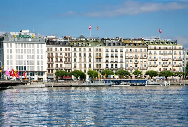 Switzerland Geneva August 2021 Historic Stone Buildings Facade Mont Blanc — Stock Photo, Image