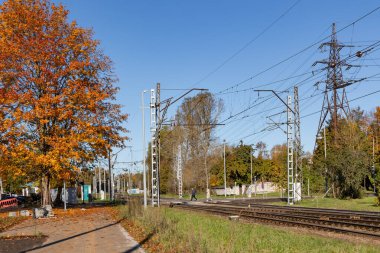 LATVIA, RIGA, ECTOBER, 25, 2025: Riga, Letonya 'da sonbahar yeşilliklerinde arabalar ve ağaçlar için bir düzlük geçişi olan büyük bir demiryolu kavşağı