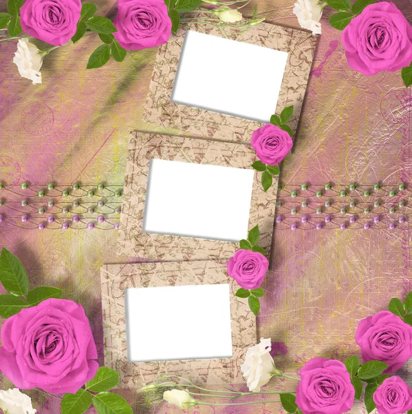 Belo cartão de saudação com buquê de rosas rosa, fitas — Fotografia de Stock