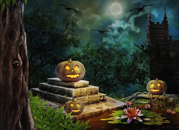 Halloween pumpkins in yard of old house night in bright moonligh — Stock Photo, Image