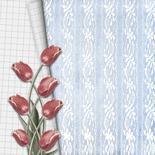 Red tulips with notebook sheet on lace background — Stock Photo, Image