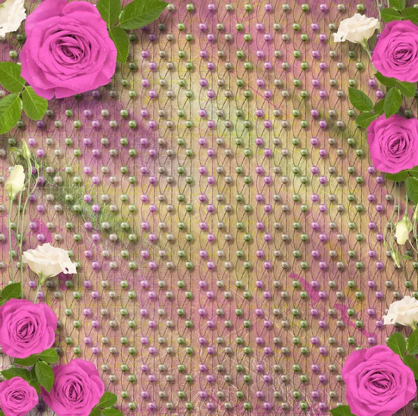 Belo cartão de saudação com buquê de rosas rosa, fitas — Fotografia de Stock