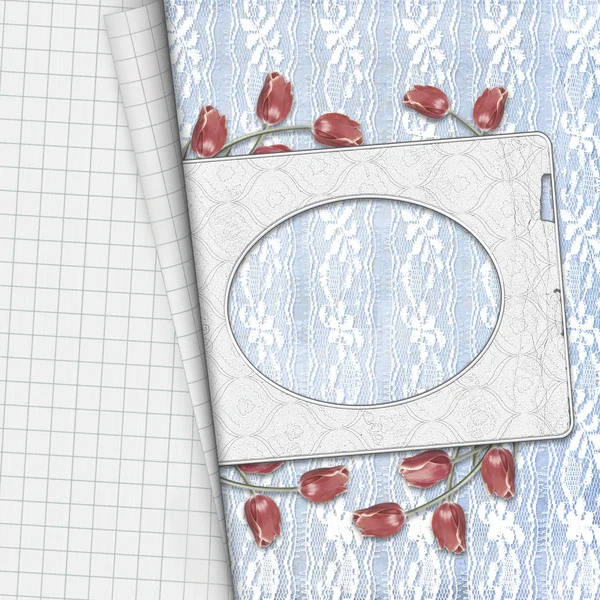 Tulipes rouges avec feuille de carnet sur fond de dentelle — Photo