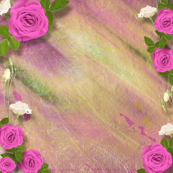 Mooie wenskaart met boeket roze rozen, linten — Stockfoto