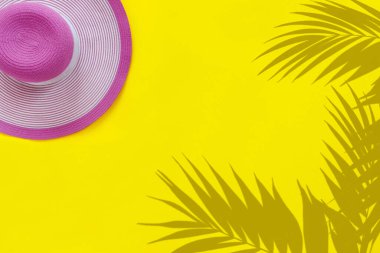 Pembe kağıt üzerinde palmiye yaprakları olan modaya uygun hasır şapka.