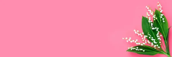 Розовый Фон Белыми Нежными Цветами Долины Открытки День Матери Современная — стоковое фото