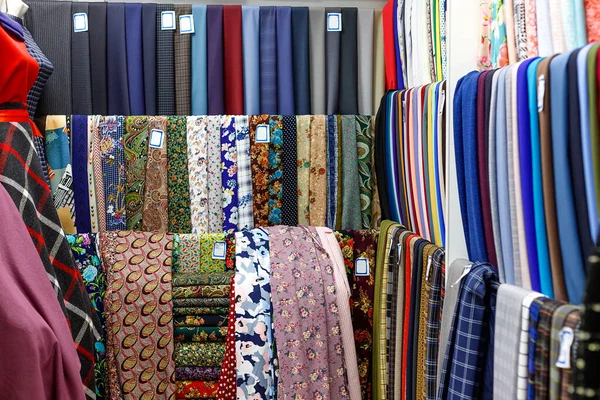 Various Multicolored Fabrics Sale Textile Store — Stock Photo, Image