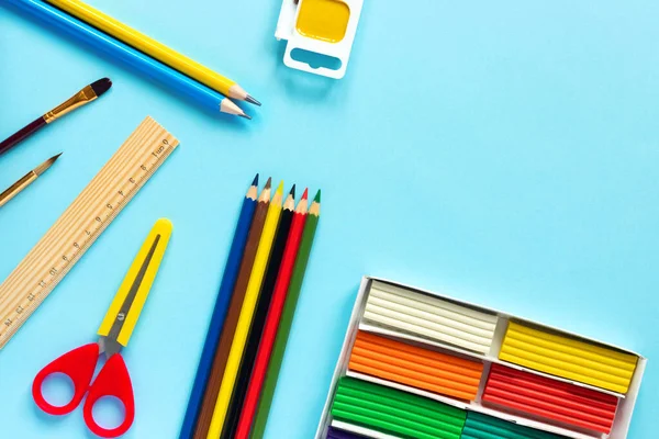 Blank Canvas Brushes Paints Palette Plasticine Pencils Other School Supplies — Stock Photo, Image