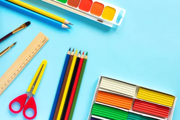 Blank Canvas Brushes Paints Palette Plasticine Pencils Other School Supplies — Stock Photo, Image