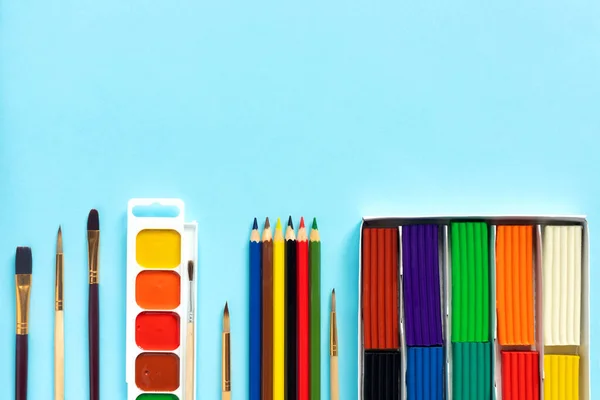 Blank Canvas Brushes Paints Palette Plasticine Pencils Other School Supplies — Stock Photo, Image