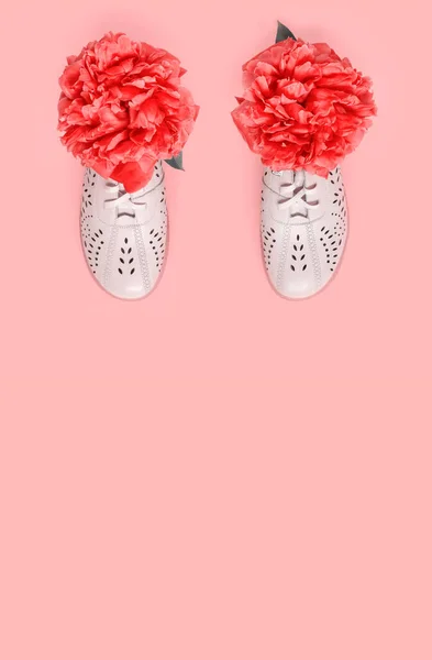 Пара Красивых Модных Кожаных Туфель Нежные Розовые Пионы Заднем Плане — стоковое фото