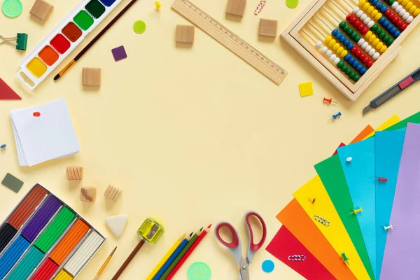 Set School Office Supplies Multicolored Paints Pencils Plasticine Buttons Scissors — Stock Photo, Image