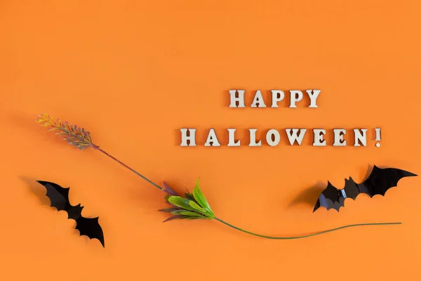 Halloween Kaart Met Zwarte Vleermuizen Bloem Oranje Achtergrond Banner Voor — Stockfoto